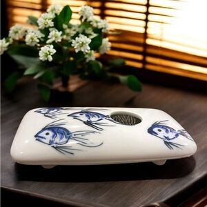 Georgetown Pottery Blue Angel Fishes on Glossy White Ikebana Vase w/Flower Frog